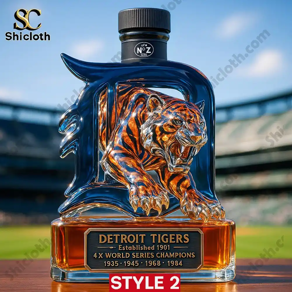 PREMIUM Detroit Tigers 4x World Series Whiskey Bottle 3 A Detroit Tigers whiskey bottle with a black cap displayed on a baseball field!