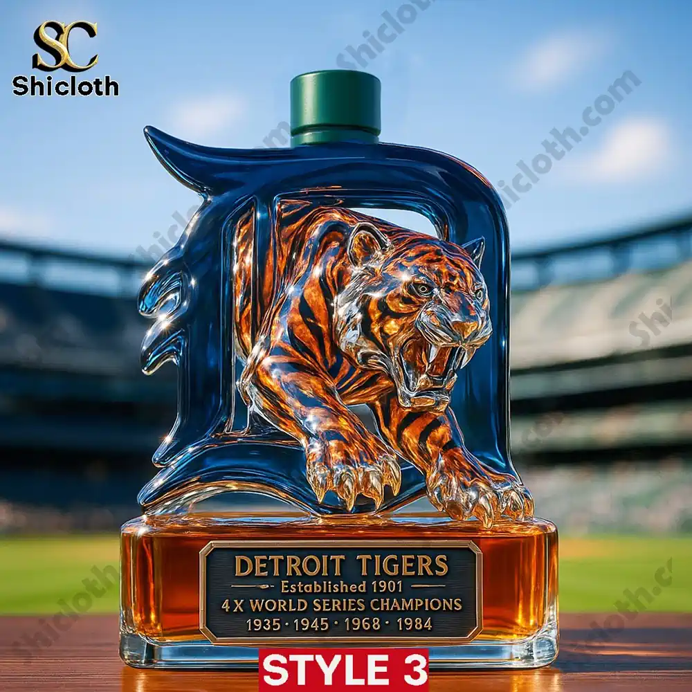 PREMIUM Detroit Tigers 4x World Series Whiskey Bottle 4 A Detroit Tigers whiskey bottle with a green cap showcased in a stadium!