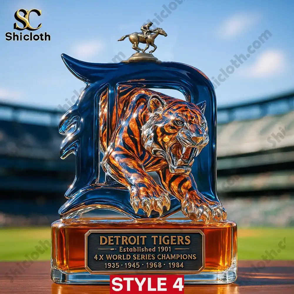 PREMIUM Detroit Tigers 4x World Series Whiskey Bottle 5 A Detroit Tigers whiskey bottle topped with a cowboy statue cap displayed on a baseball field!