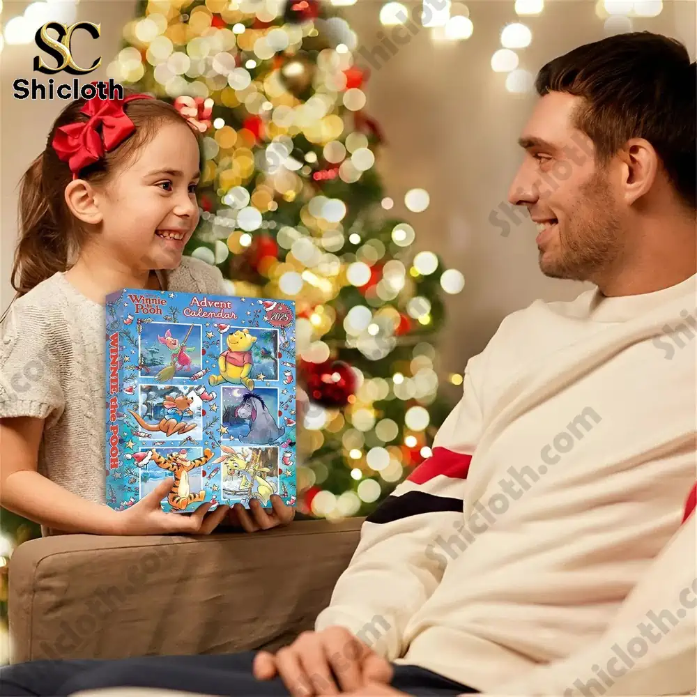 Child giving Disney Winnie the Pooh Advent Calendar 2025 as a Christmas gift.