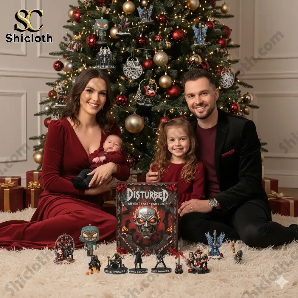 Family sitting by Christmas tree with Disturbed Advent Calendar 2025.