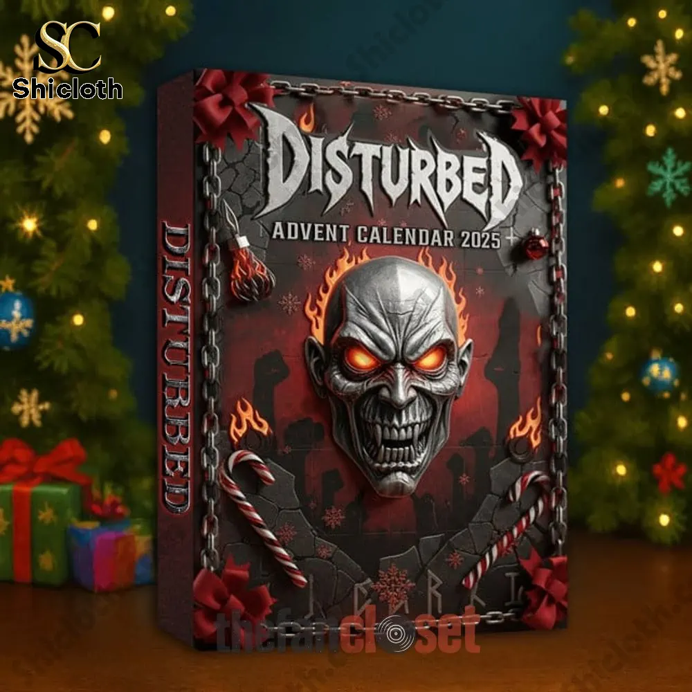 Disturbed Advent Calendar 2025 box with fiery skull design.