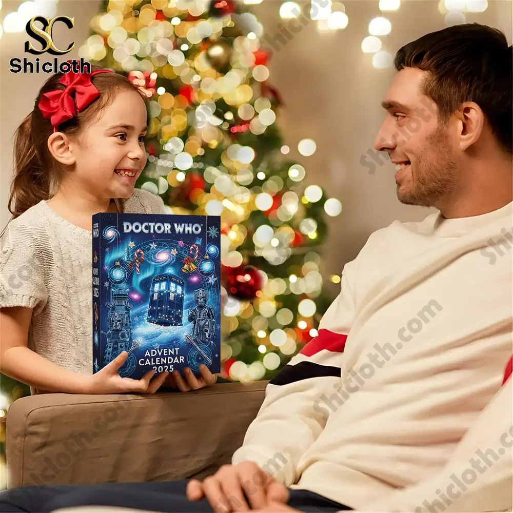 A young girl holding a Doctor Who Advent Calendar 2025 next to her smiling father by a Christmas tree.