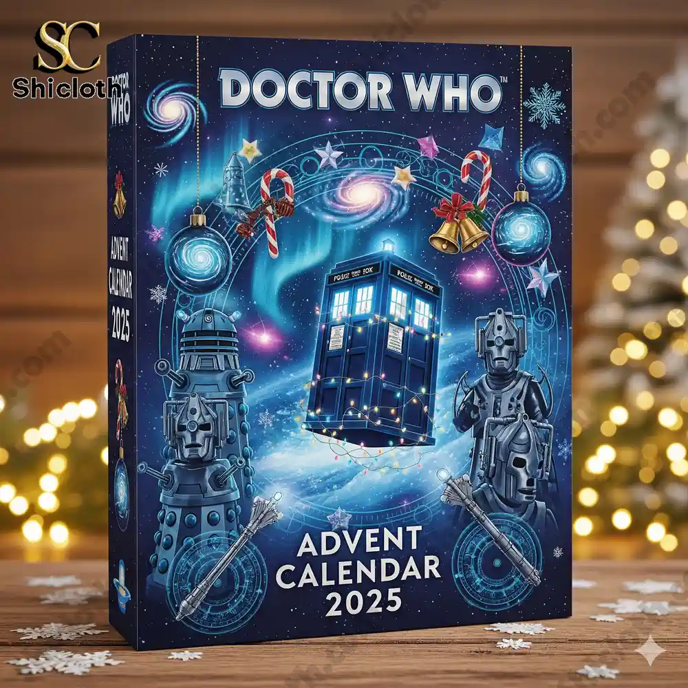 Doctor Who Advent Calendar 2025 box with TARDIS and characters on a wooden table.