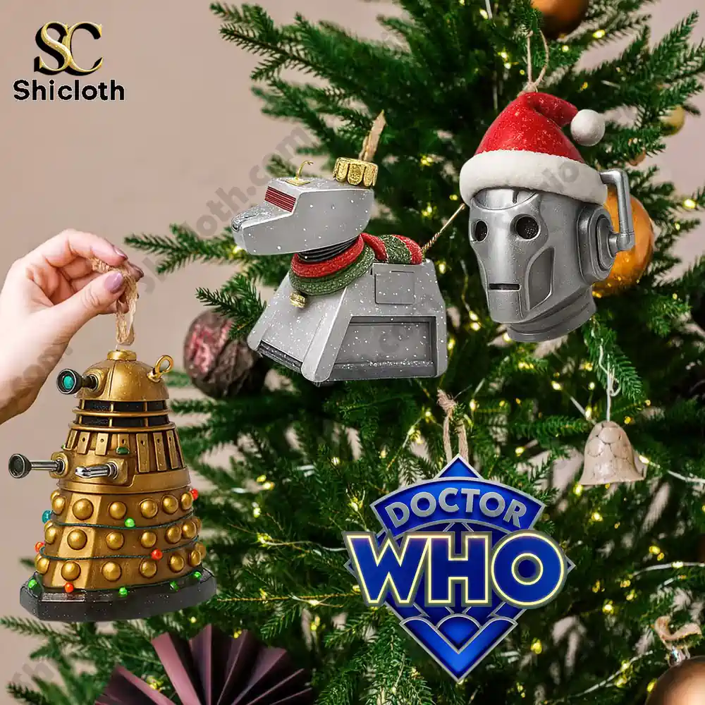 Doctor Who Premium Advent Calendar 2025 4 Doctor Who themed ornaments including Dalek, Cyberman, and K9 on a Christmas tree.