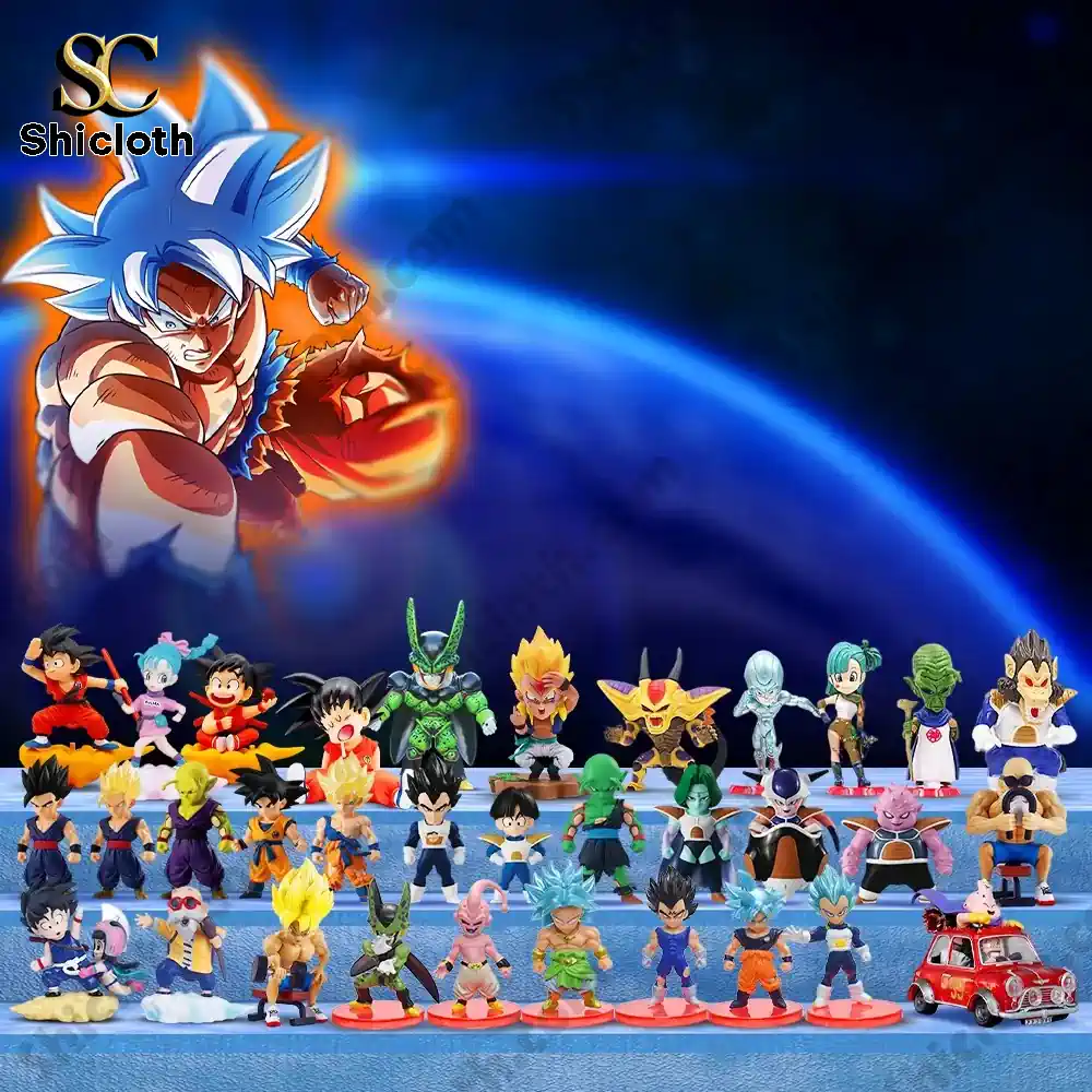 Dragon Ball character figurines set displayed in front of a cosmic blue background.