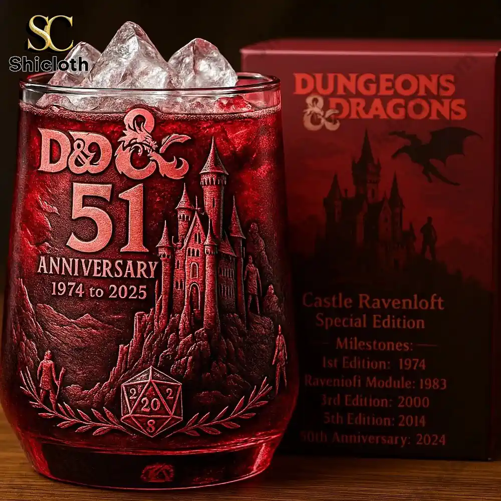 Red whiskey glass with Dungeons and Dragons 51st anniversary design and Castle Ravenloft box in the background.