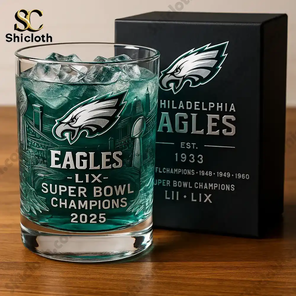 Philadelphia Eagles whiskey glass with Super Bowl LIX Champions 2025 design.