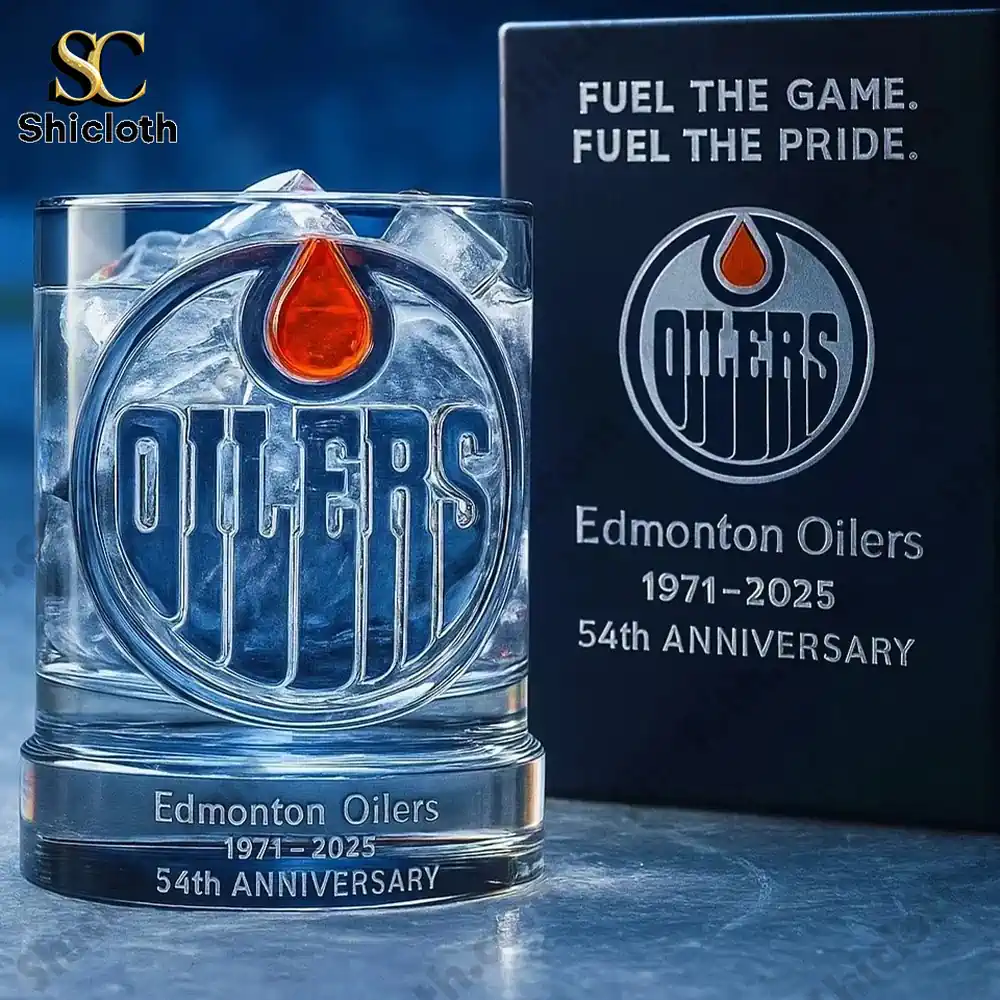 Edmonton Oilers whiskey glass with 54th anniversary 1971 to 2025 design.