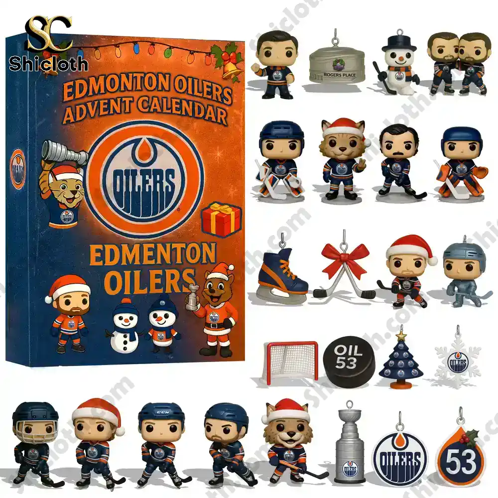 Edmonton Oilers Advent Calendar 2025 box with collectible figures and ornaments.