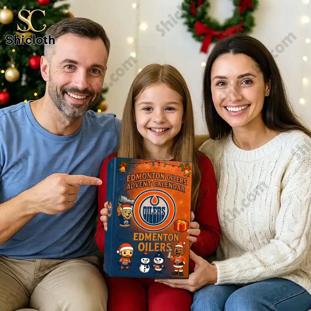 Family holding Edmonton Oilers Advent Calendar 2025 during Christmas celebration.