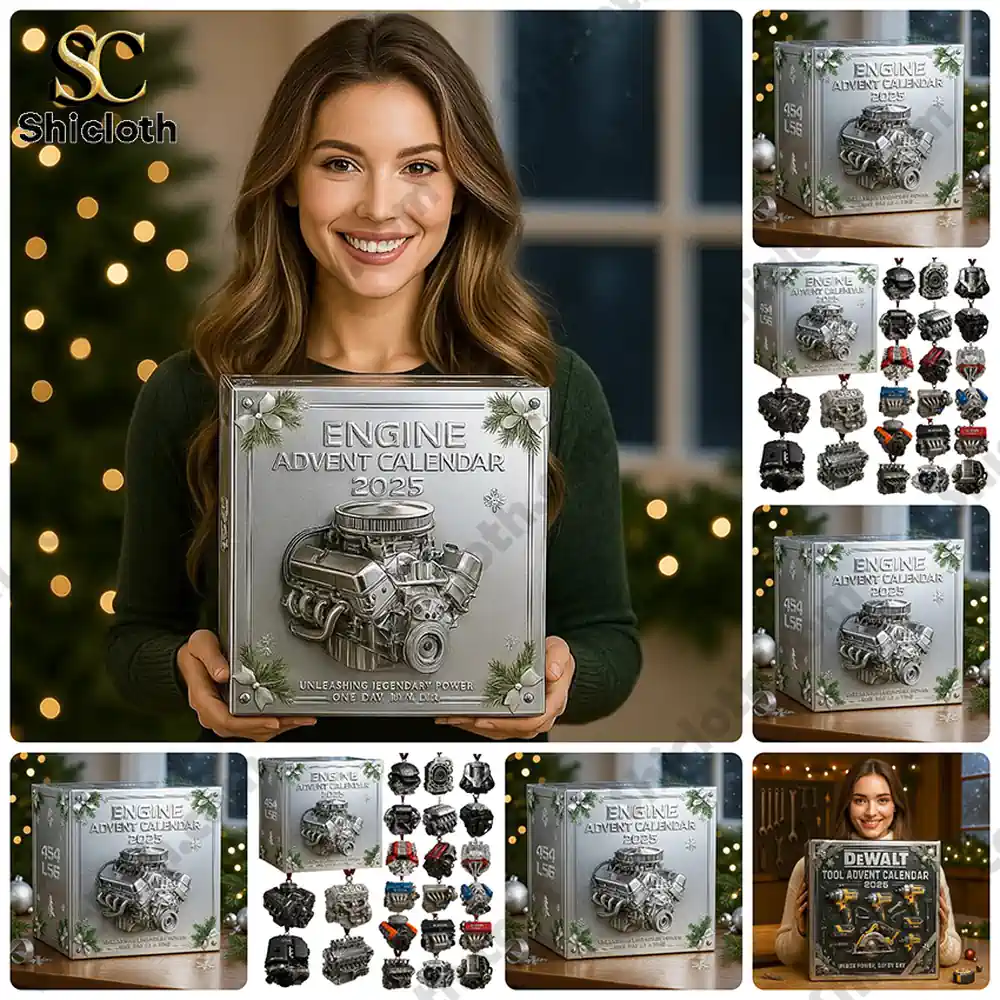 Smiling woman holding Engine Advent Calendar 2025 box with collage of collectible engine models.