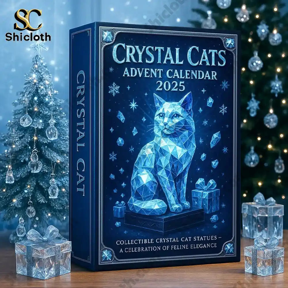 Crystal Cats Advent Calendar 2025 box beside Christmas decorations and gift boxes.