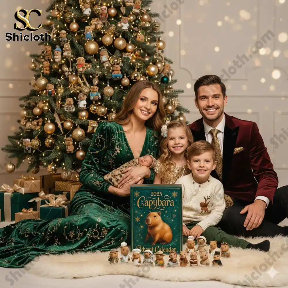 Family sitting by Christmas tree with Capybara Advent Calendar 2025.