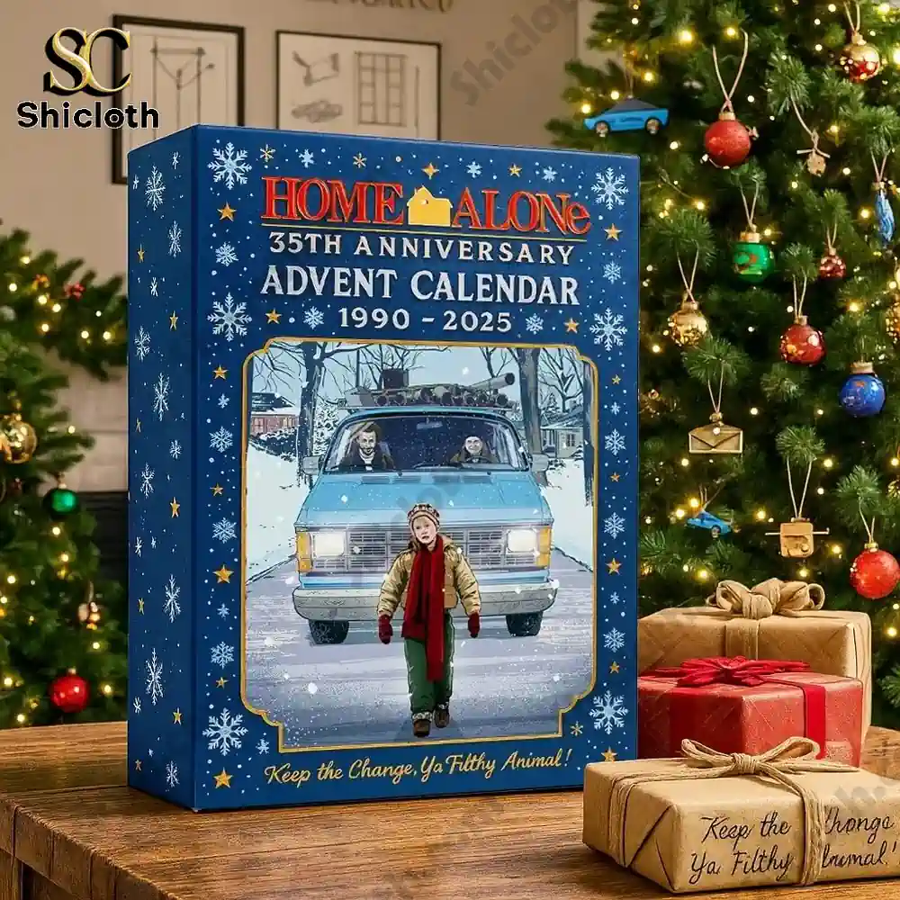 Home Alone 35th Anniversary Advent Calendar box displayed by Christmas tree and presents.