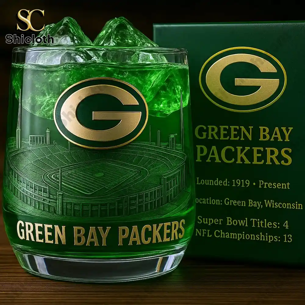 A whiskey glass with the Green Bay Packers logo and stadium design.