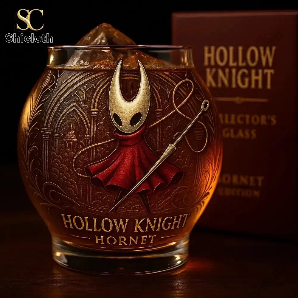 A collector glass featuring Hollow Knight Hornet character design.