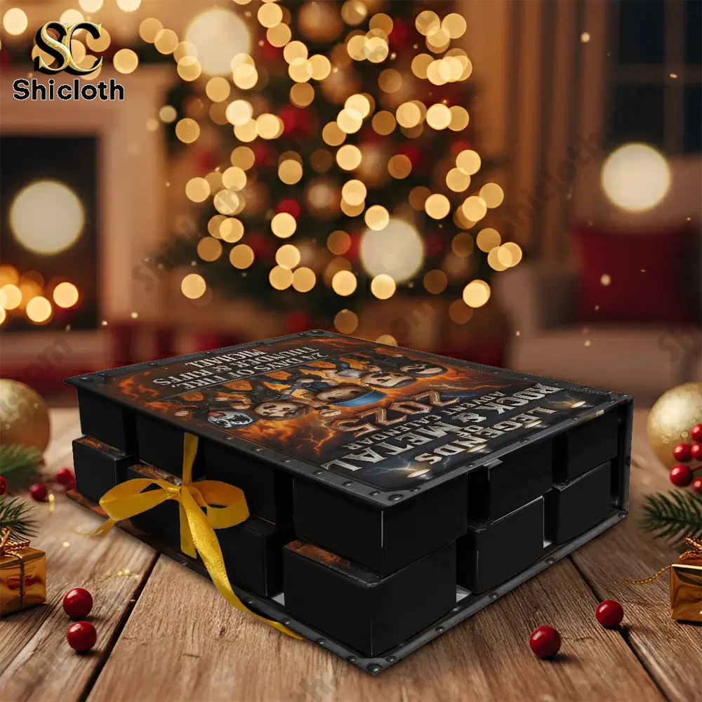 Fire Thunder & Riffs Personalized Rock And Roll Folded Advent Calendar 5 Advent calendar box with ribbon under Christmas lights