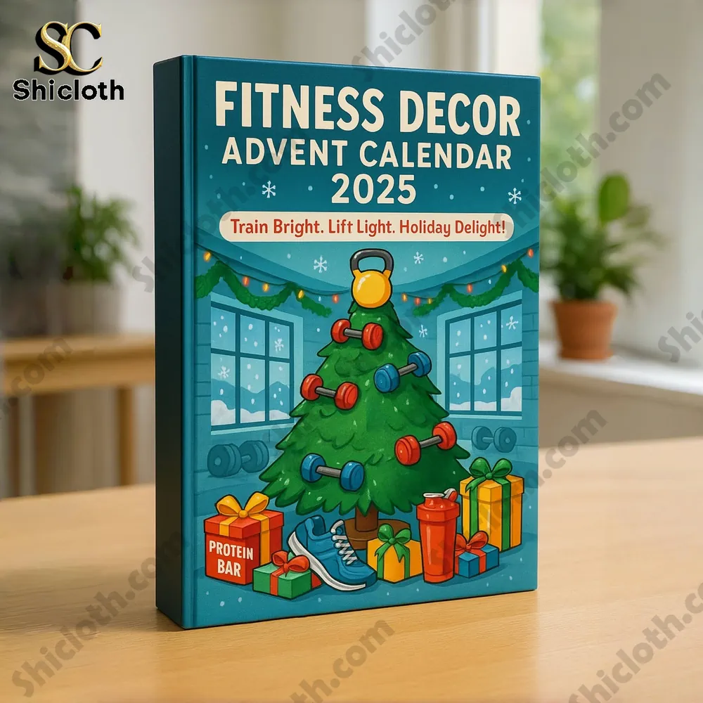 Fitness themed advent calendar box for 2025 with a Christmas tree decorated with dumbbells and gym items.