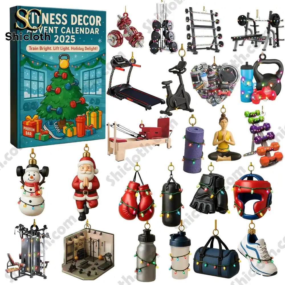 Collection of fitness themed ornaments from the 2025 advent calendar including gym equipment, boxing gear, yoga figures, and holiday decorations.