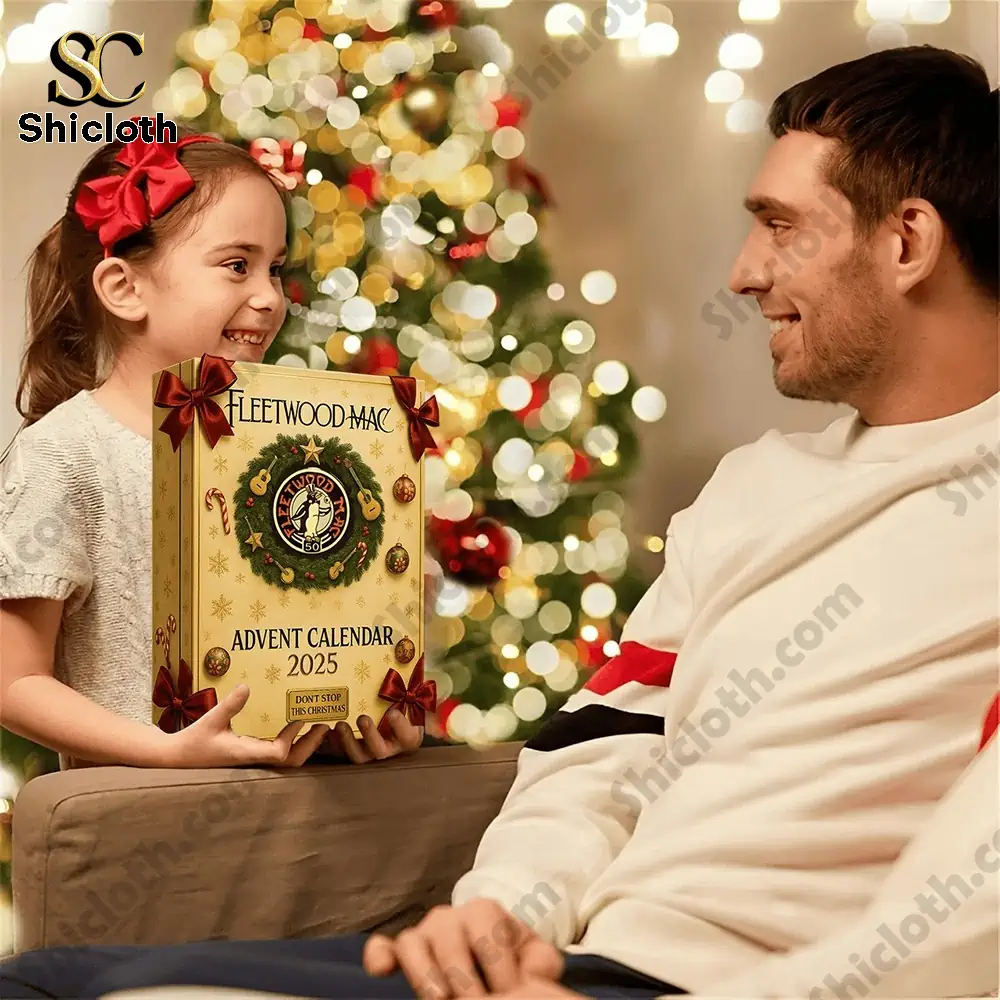 Child holding Fleetwood Mac Advent Calendar 2025 as a holiday gift.