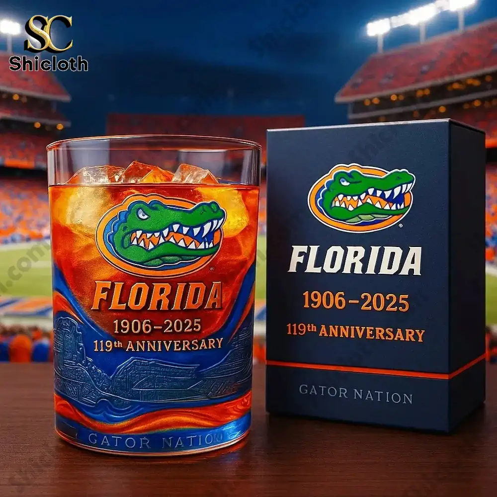 Florida Gators anniversary glass with team logo and ice on top.