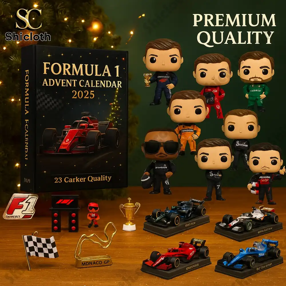 Formula 1 Advent Calendar 2025 box with racing driver figures and car models displayed on a table.