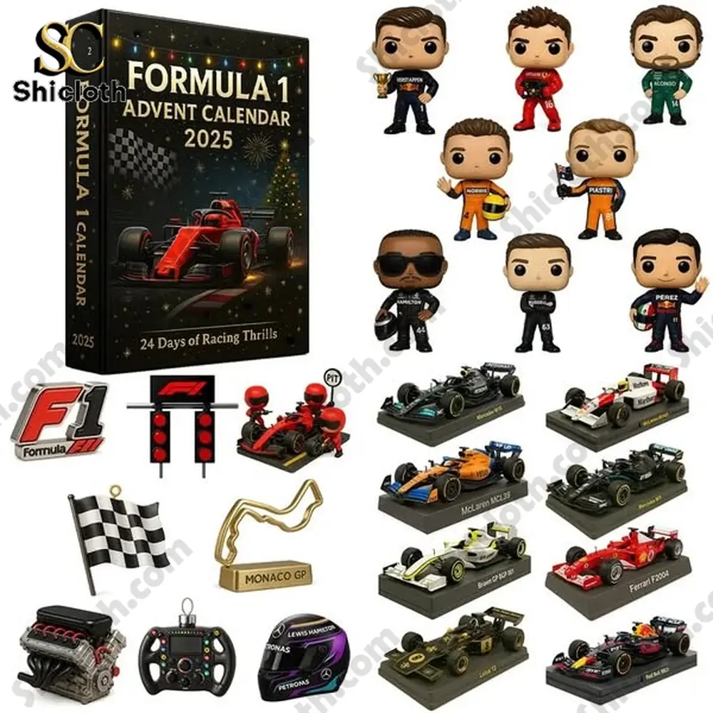 Formula 1 Advent Calendar 2025 box with multiple driver figures, cars, and racing accessories.