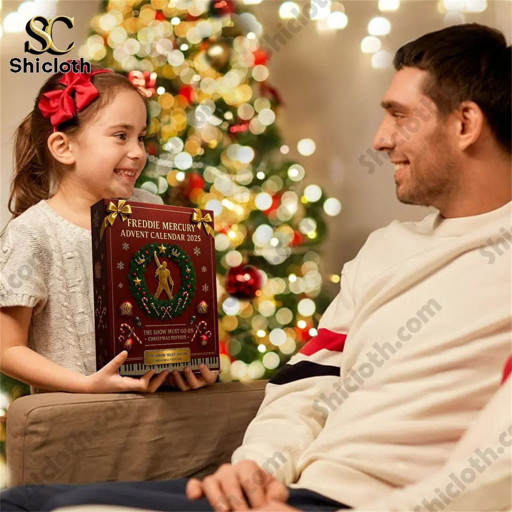 Child giving Freddie Mercury Advent Calendar 2025 gift to father by Christmas tree.