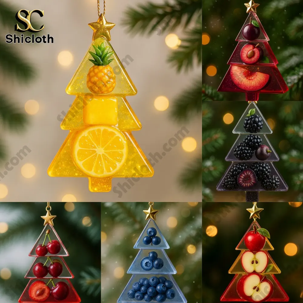 Fruit Fest Advent Calendar 3 Christmas tree shaped fruit ornaments featuring pineapple, lemon, cherries, blackberries, blueberries, and apples.