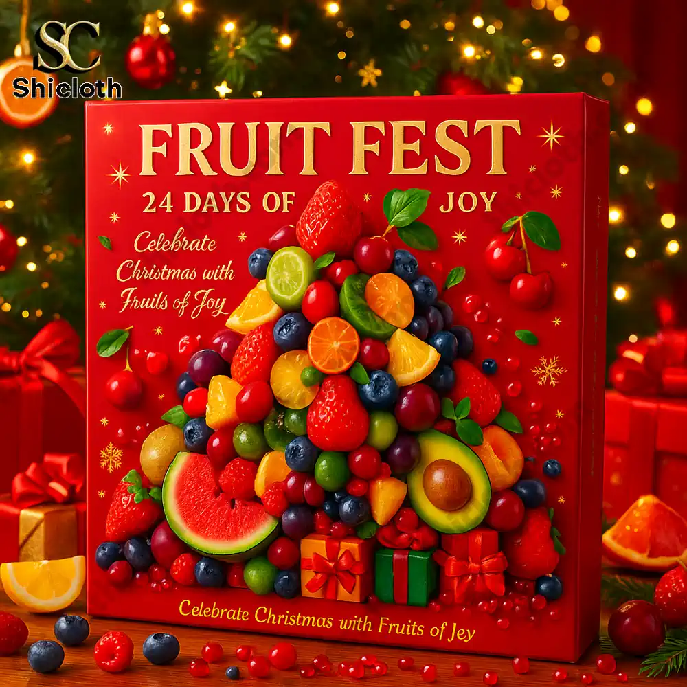 Fruit Fest Advent Calendar 2025 box decorated with a Christmas tree made of colorful fruits.