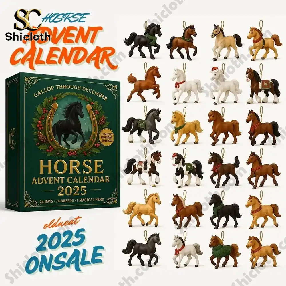 Horse Advent Calendar 2025 box with 24 miniature horse ornaments in various breeds and colors.