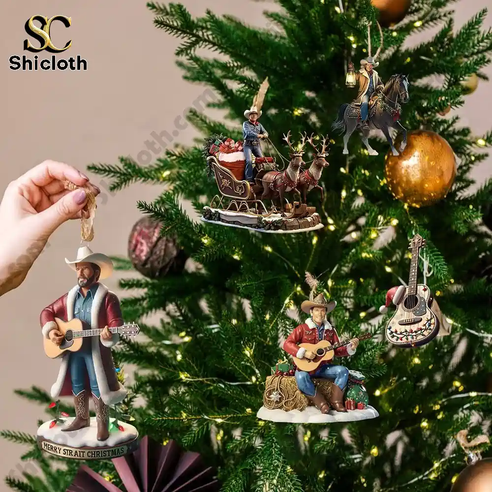 Christmas tree decorated with cowboy-themed George Strait ornaments.