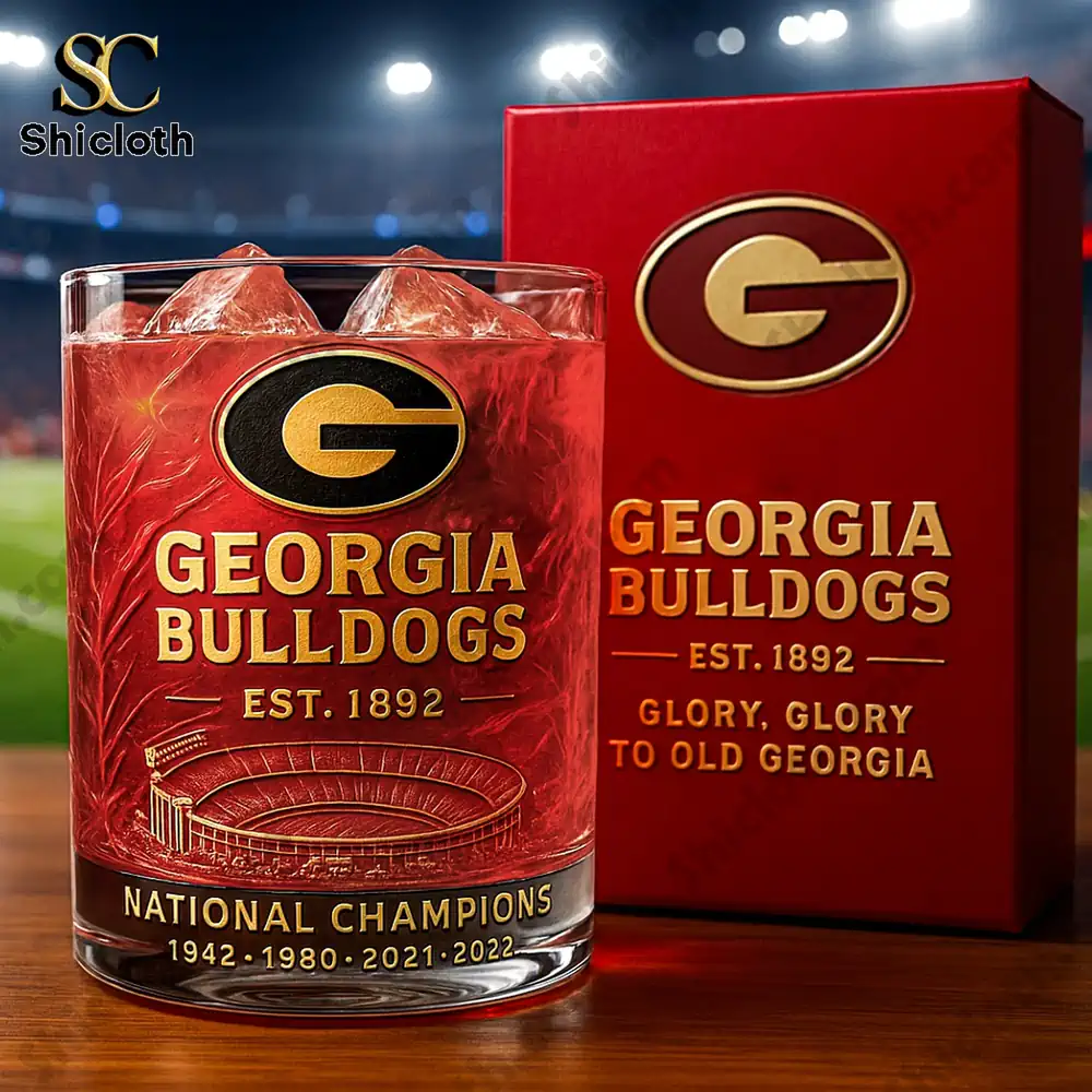Georgia Bulldogs glass with team logo and stadium design filled with ice.