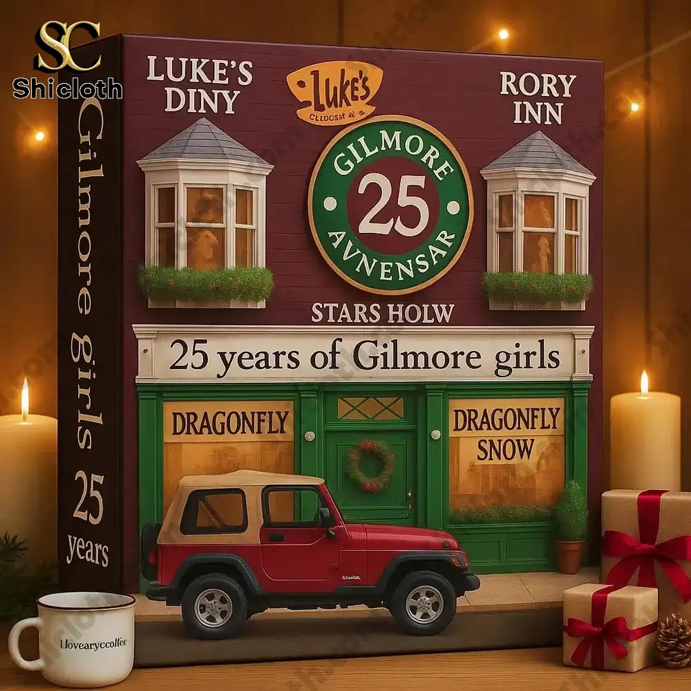 Gilmore Girls 25th Anniversary Advent Calendar box designed like Stars Hollow with a red Jeep and festive details.
