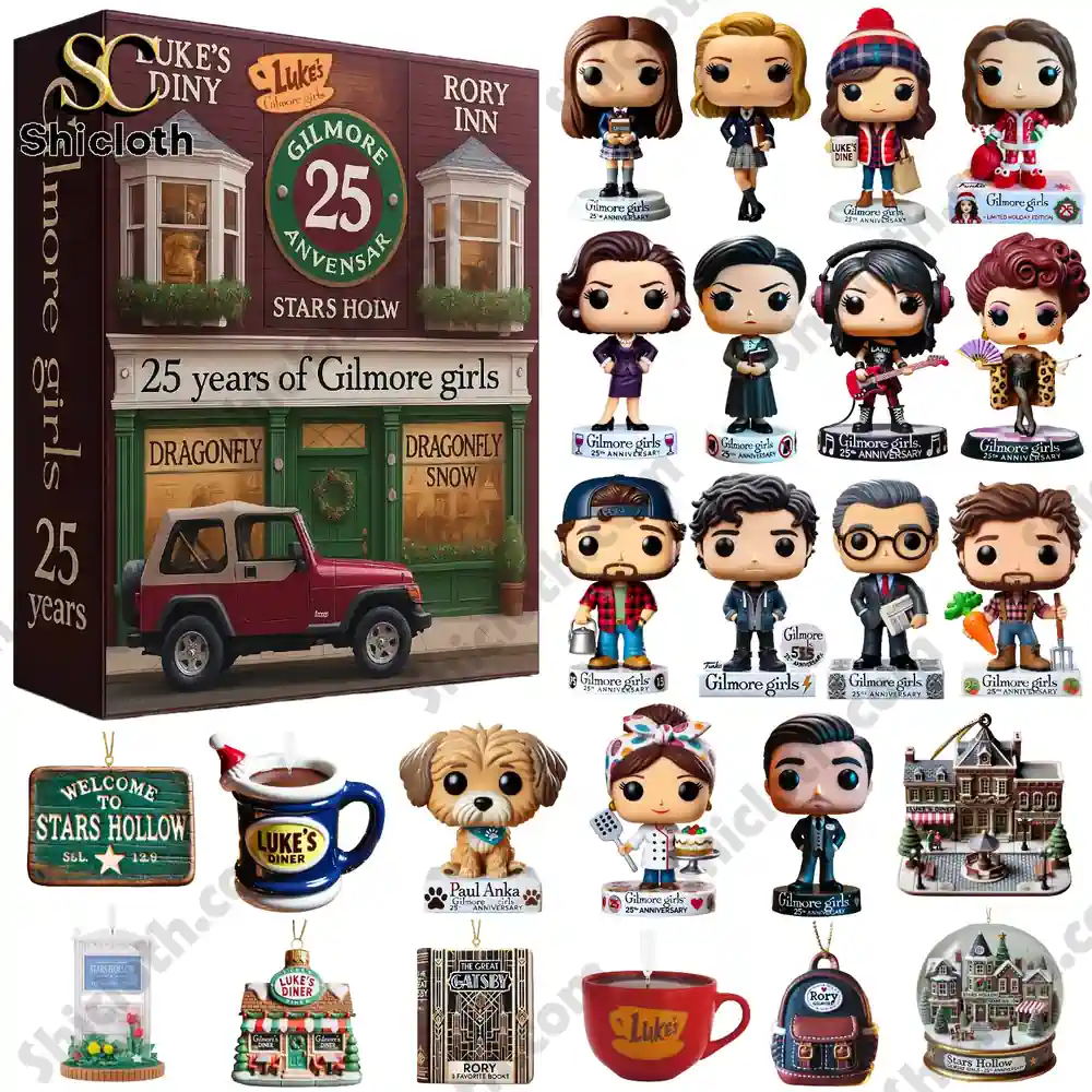 Gilmore Girls 25th Anniversary Advent Calendar with 24 collectible figures and themed ornaments.
