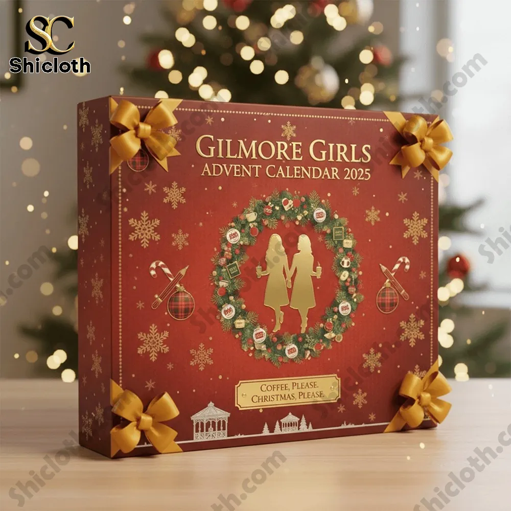 Close up of Gilmore Girls 2025 advent calendar box with festive wreath design.
