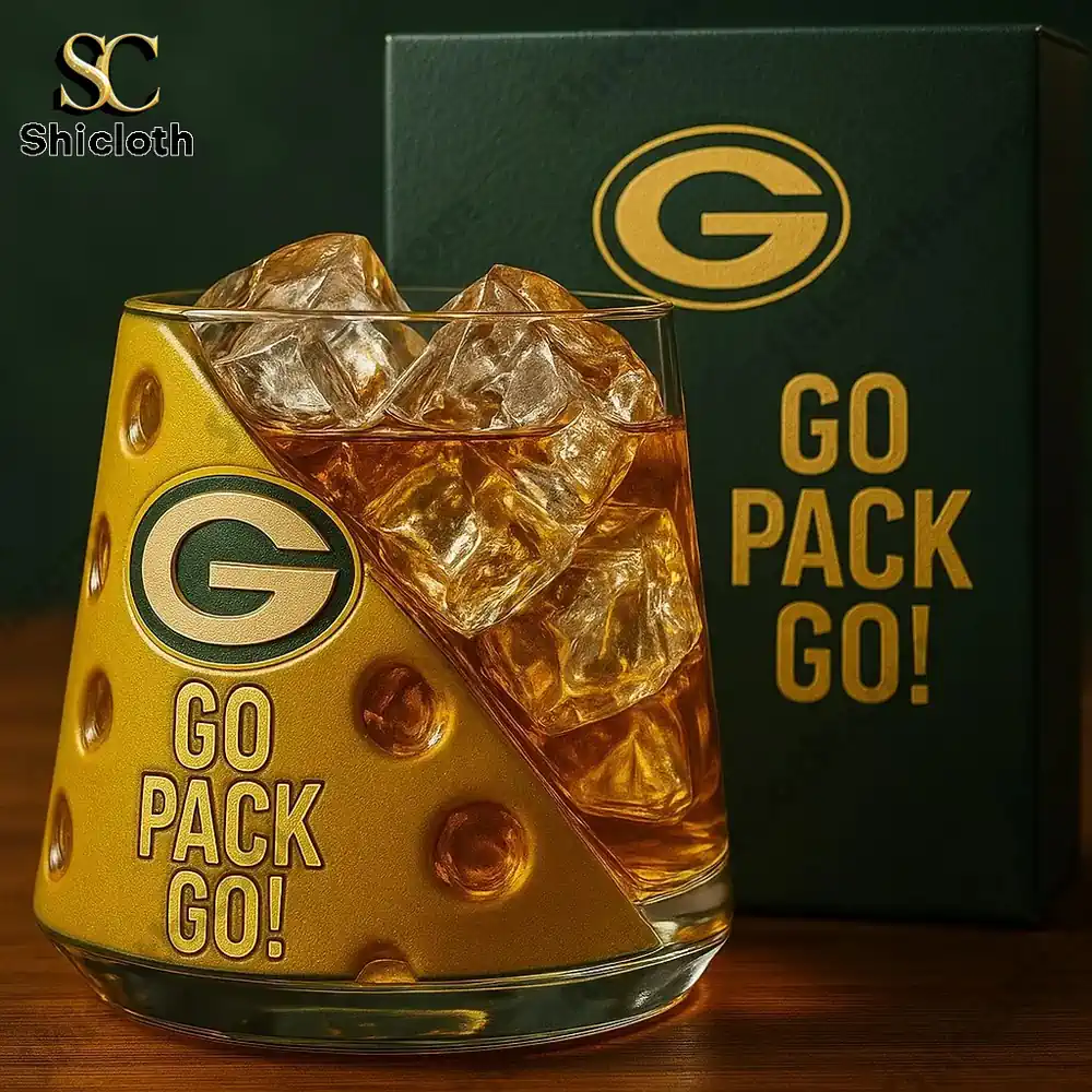 A whiskey glass with ice and the Green Bay Packers logo with Go Pack Go text.