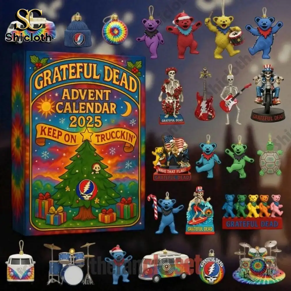 Grateful Dead Advent Calendar 2025 featuring collectible ornaments of bears, skeletons, guitars, vans, and band symbols.
