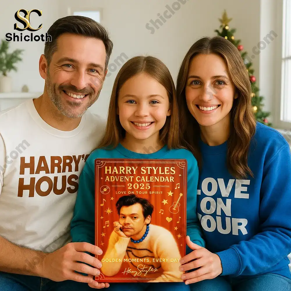 Family holding a Harry Styles 2025 advent calendar box while wearing themed shirts.