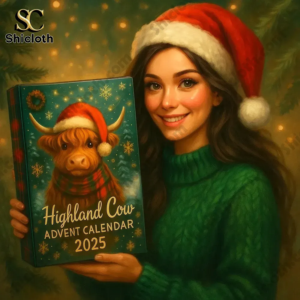 Woman in Christmas hat holding Highland Cow Advent Calendar 2025.