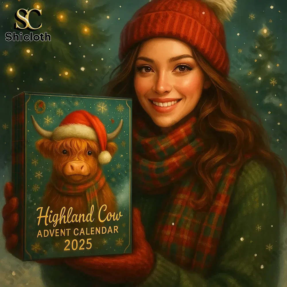 Smiling woman in winter outfit holding Highland Cow Advent Calendar 2025.