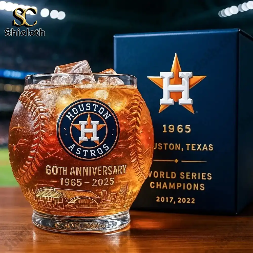 Houston Astros 60th anniversary glass with logo and gift box.