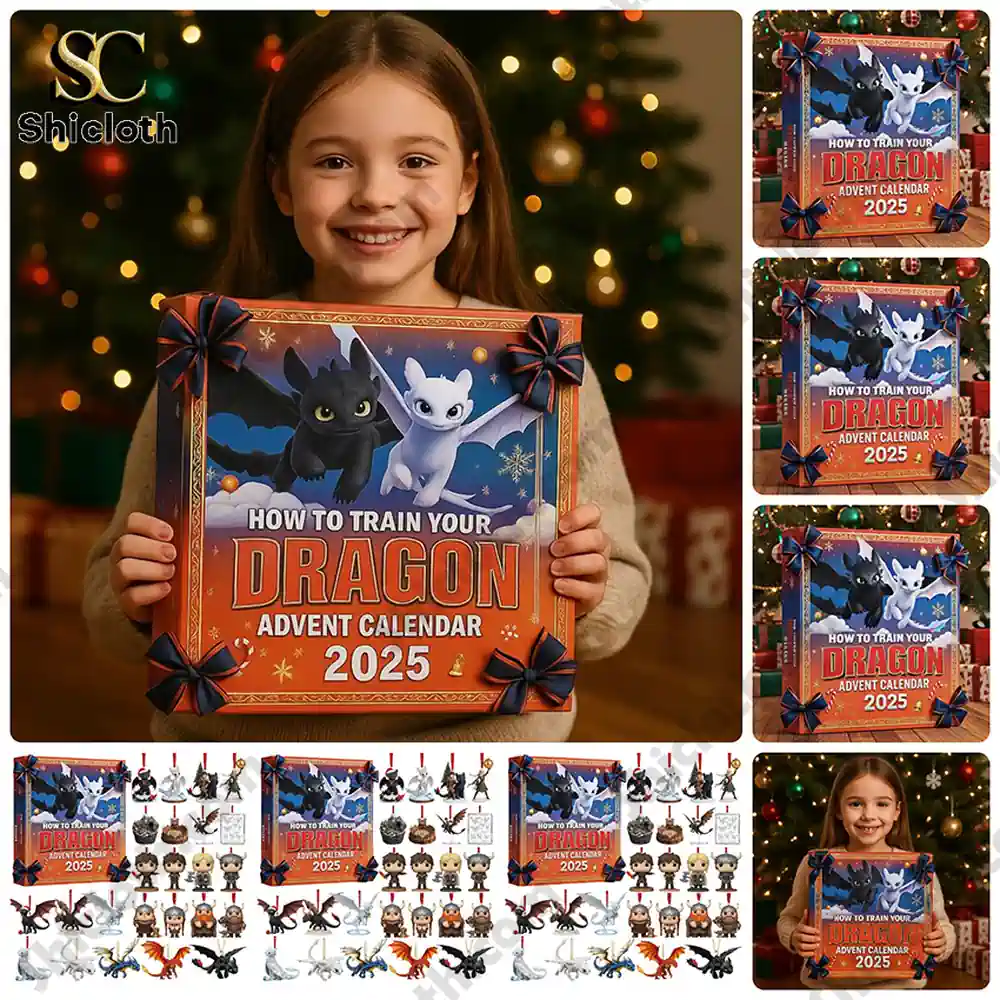 A young girl holding a How To Train Your Dragon Advent Calendar 2025 box in front of a Christmas tree.