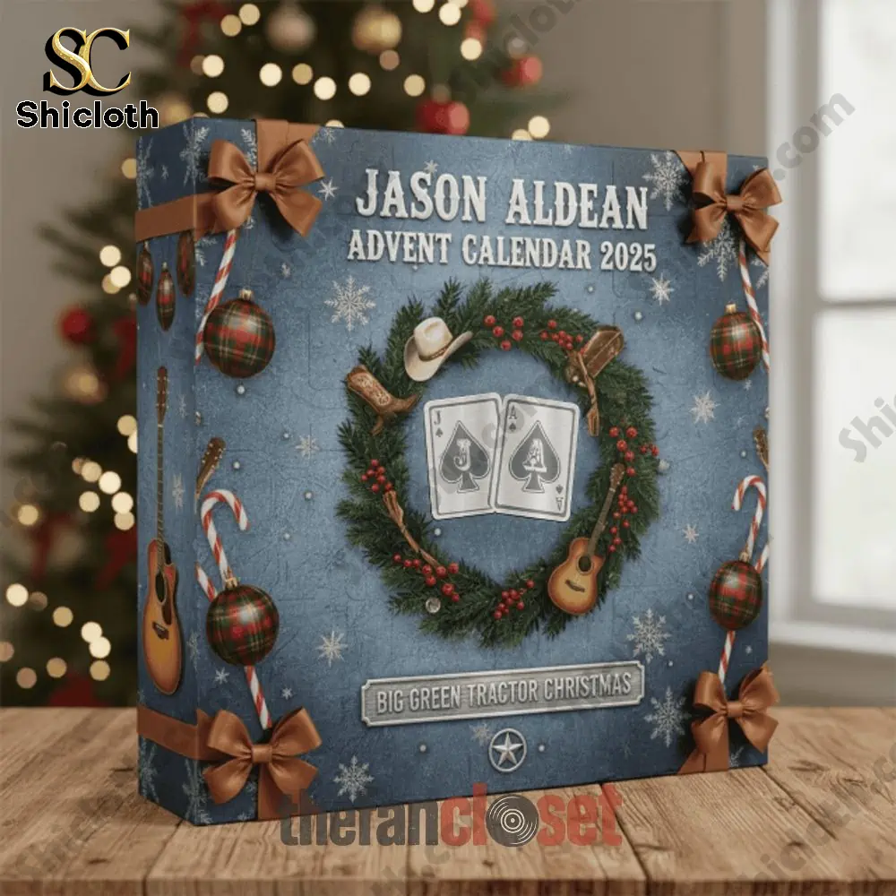 Jason Aldean 2025 advent calendar box with country music themed Christmas wreath design.