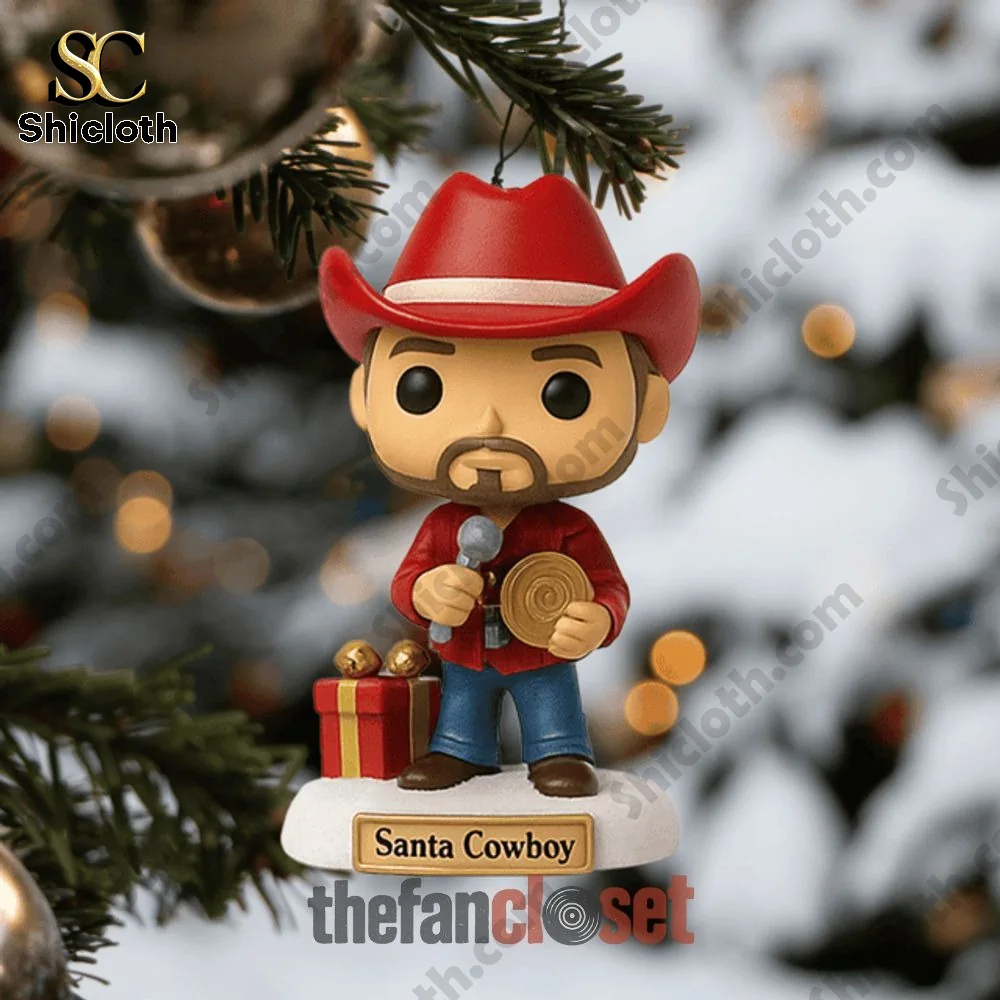 Jason Aldean Big Green Tractor Christmas Advent Calendar 2025 3 Santa cowboy ornament of Jason Aldean in red hat holding microphone.