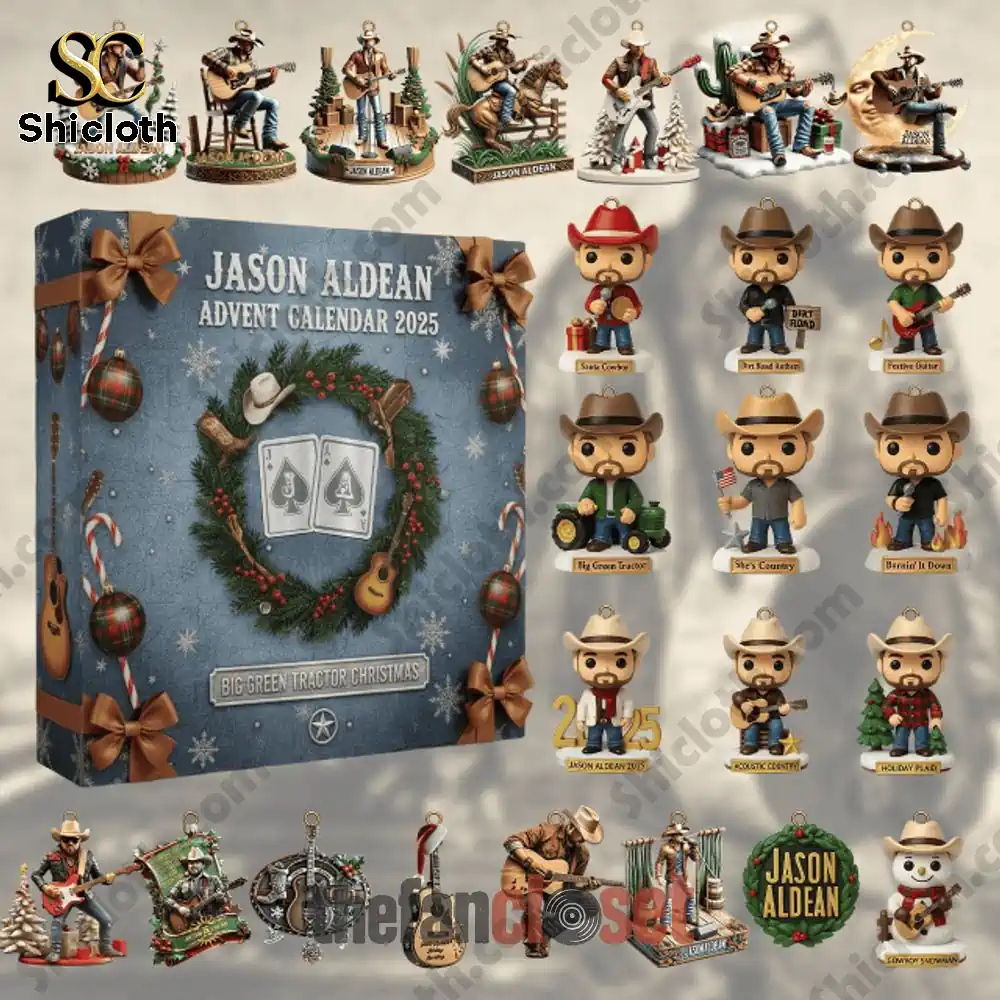 Jason Aldean Big Green Tractor Christmas Advent Calendar 2025 4 Full set of Jason Aldean 2025 advent calendar with cowboy ornaments and music themed figures.