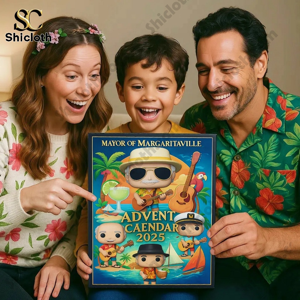 Family smiling while holding the Mayor of Margaritaville 2025 Advent Calendar box.