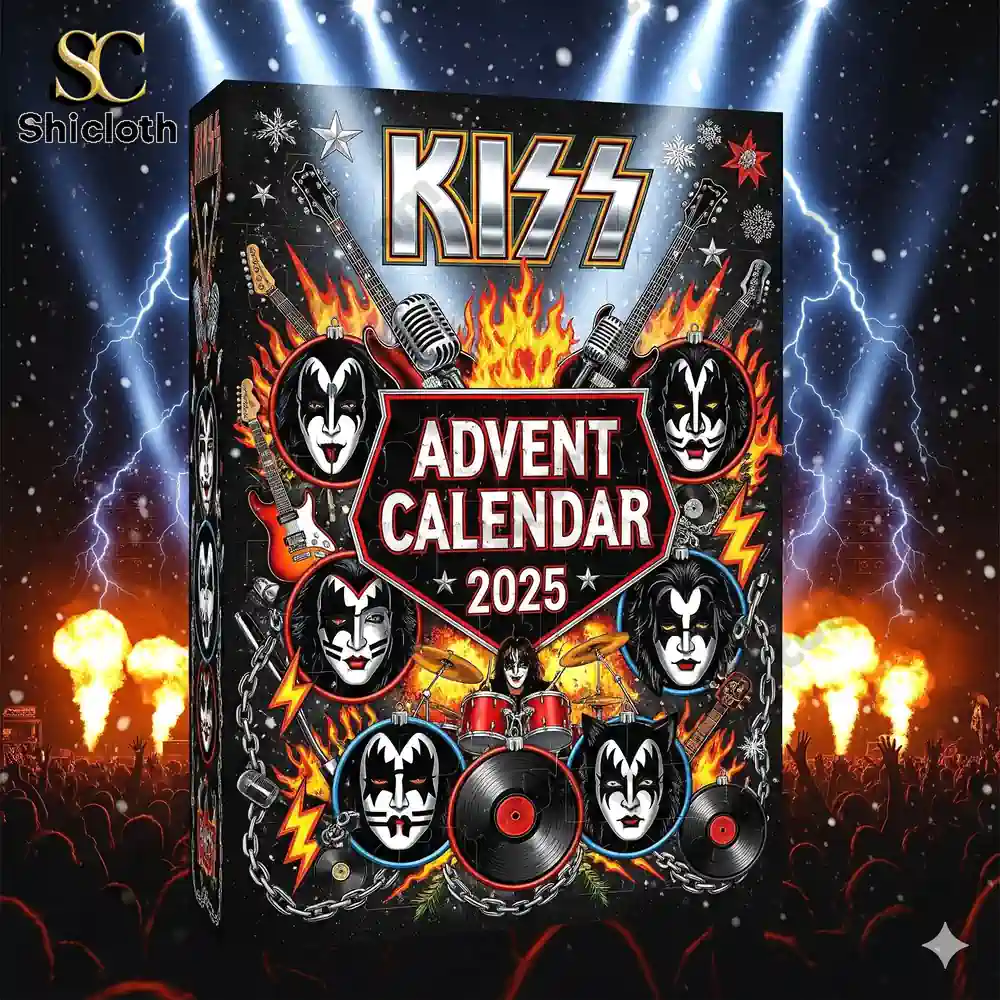 Kiss 2025 advent calendar box with flaming rock concert design.