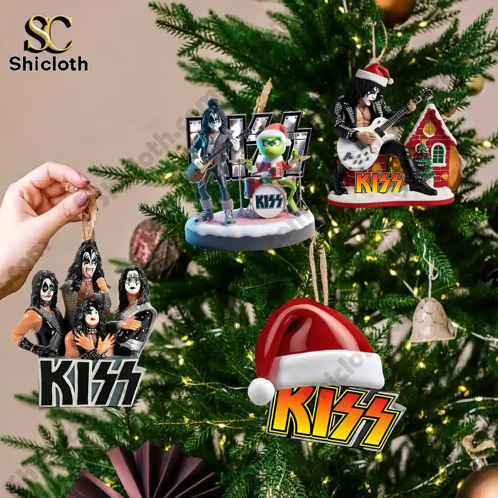 Kiss Band Premium Advent Calendar 2025 4 Kiss themed ornaments from advent calendar displayed on Christmas tree.
